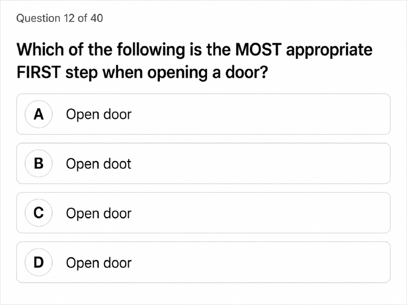 A parody multiple-choice question asking for the most appropriate first step when opening a door